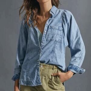 Anthropologie Pilcro Dylan Denim Button Down Blue Denim Collared Shirt Womens XL